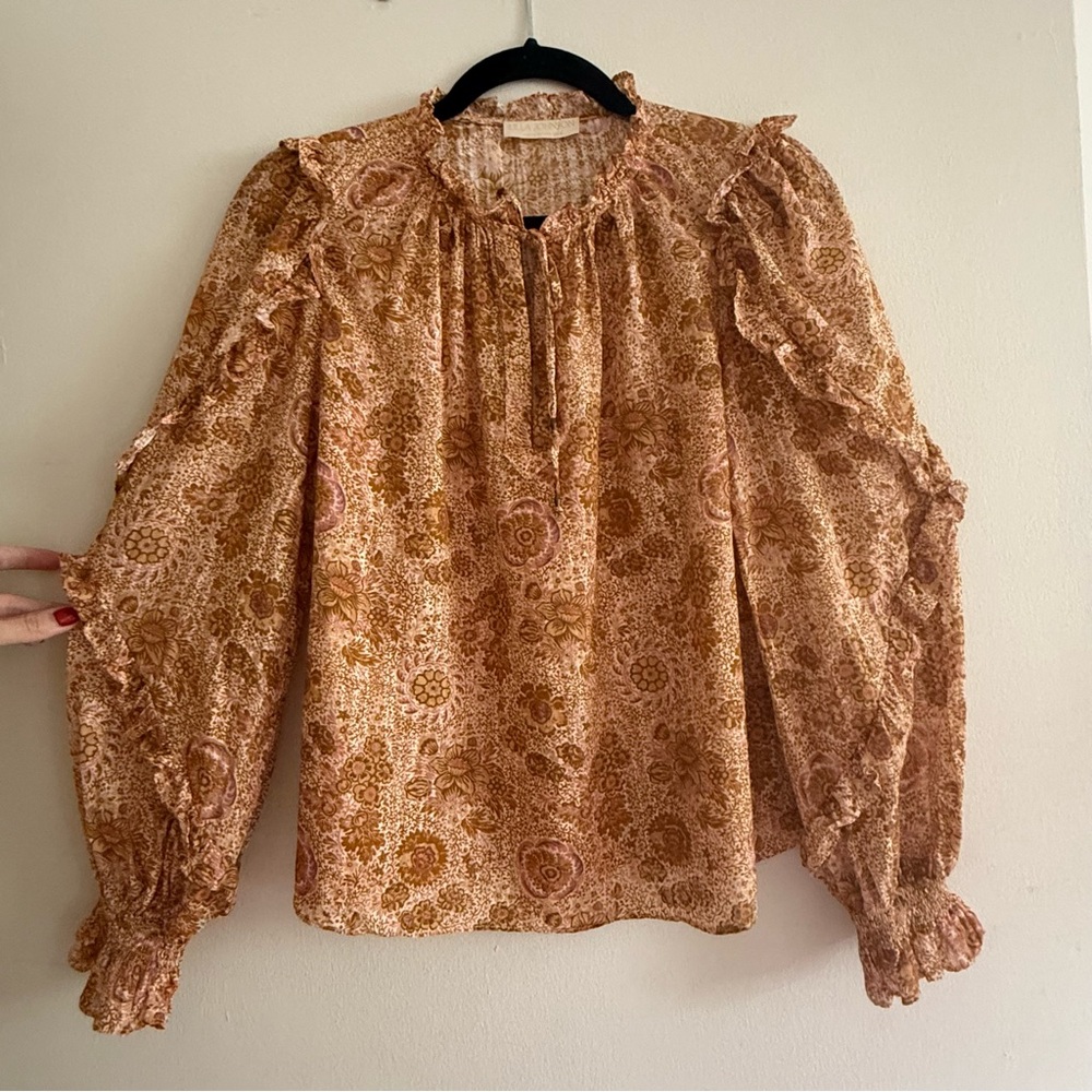 Ulla Johnson Floral Blouse in Tan and Cream